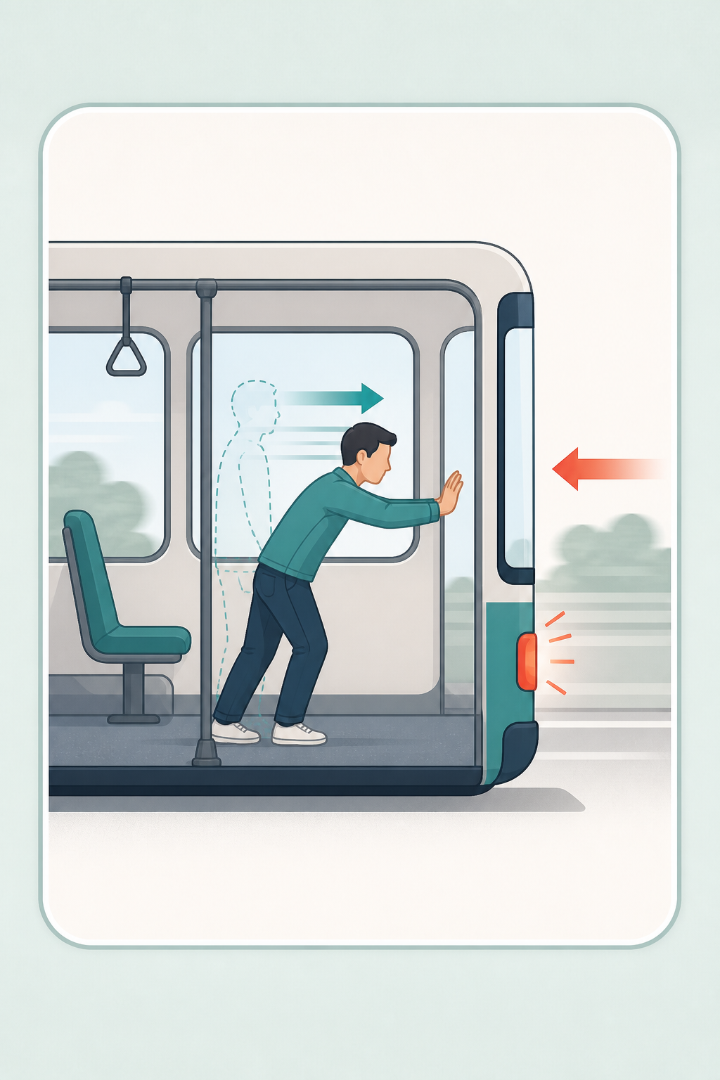 急停止する車内で、人の体が前へ倒れこむように見える場面を示した図